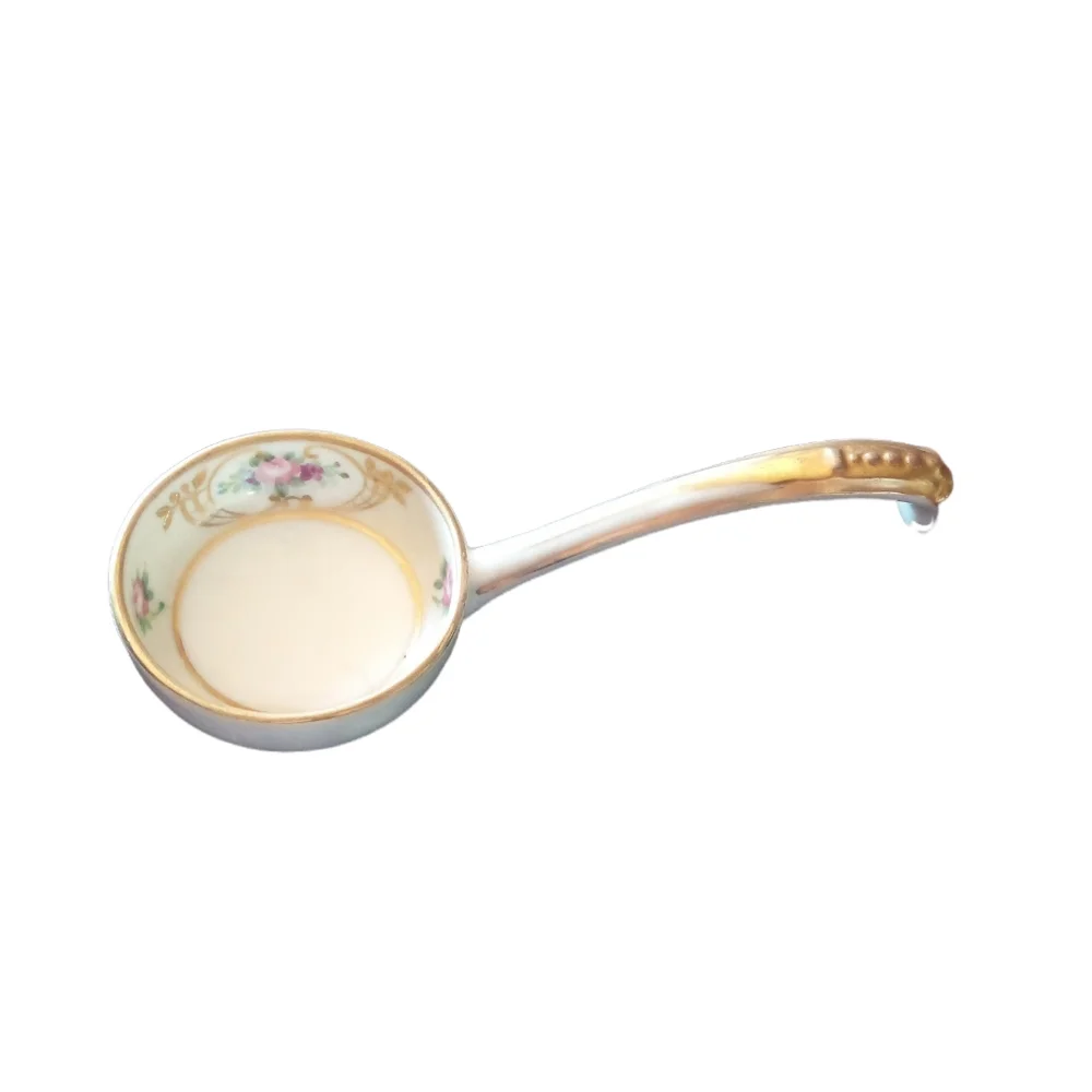 VTG Nippon hand painted small condiment ladle spoon. Pink flowers, gold accents